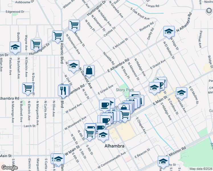 map of restaurants, bars, coffee shops, grocery stores, and more near 424 North Monterey Street in Alhambra