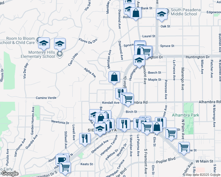 map of restaurants, bars, coffee shops, grocery stores, and more near 2004 Meridian Avenue in South Pasadena