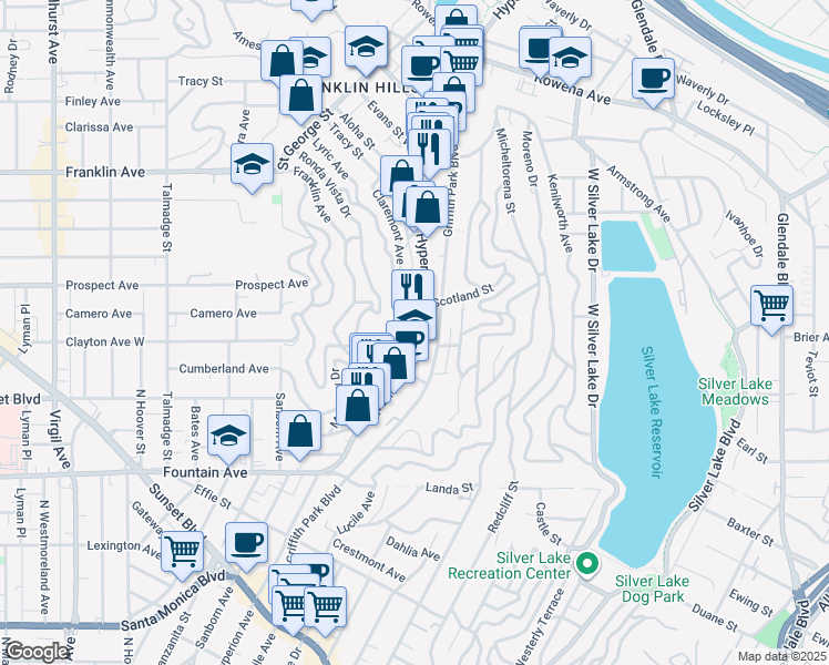 map of restaurants, bars, coffee shops, grocery stores, and more near 2235 Hyperion Avenue in Los Angeles