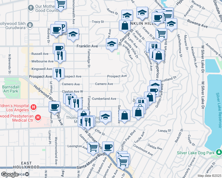 map of restaurants, bars, coffee shops, grocery stores, and more near 4027 Camero Avenue in Los Angeles