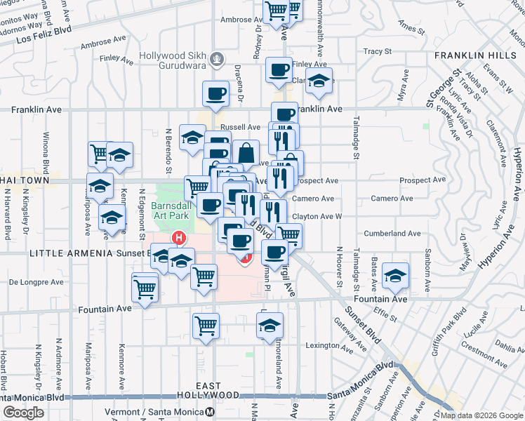 map of restaurants, bars, coffee shops, grocery stores, and more near 1639 Lyman Place in Los Angeles