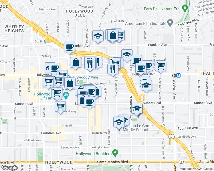 map of restaurants, bars, coffee shops, grocery stores, and more near 5962 Hollywood Boulevard in Los Angeles