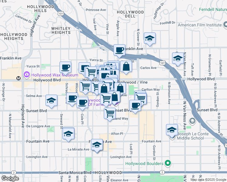 map of restaurants, bars, coffee shops, grocery stores, and more near in Los Angeles