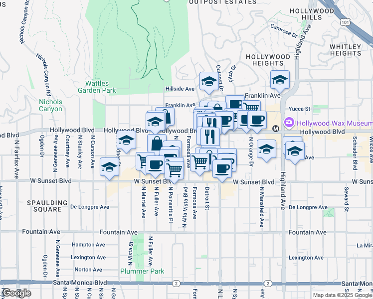 map of restaurants, bars, coffee shops, grocery stores, and more near 1643 North Formosa Avenue in Los Angeles