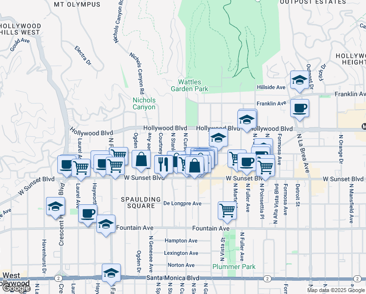 map of restaurants, bars, coffee shops, grocery stores, and more near 1638 North Stanley Avenue in Los Angeles
