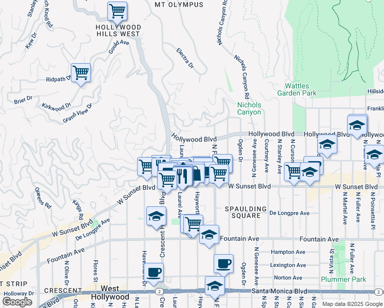 map of restaurants, bars, coffee shops, grocery stores, and more near 7960 Hollywood Boulevard in Los Angeles