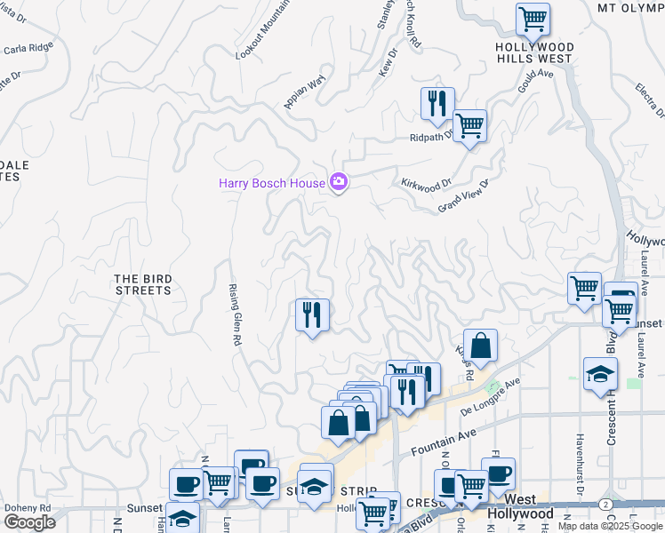 map of restaurants, bars, coffee shops, grocery stores, and more near 8713 Sunset Plaza Terrace in Los Angeles