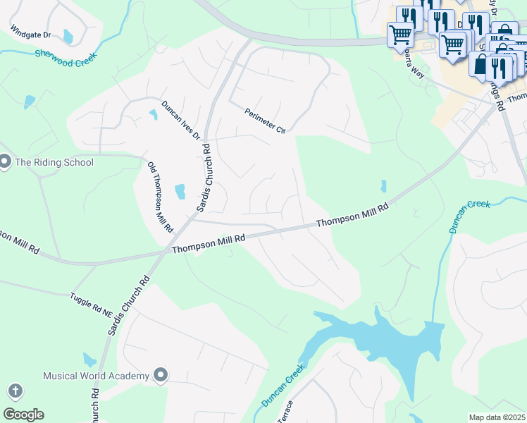 map of restaurants, bars, coffee shops, grocery stores, and more near 2631 Moon Chase Lane in Buford