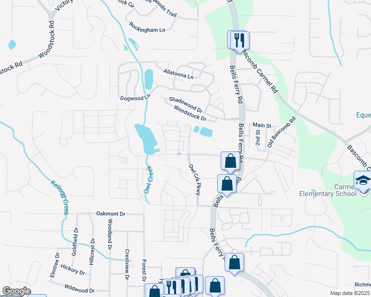 map of restaurants, bars, coffee shops, grocery stores, and more near Woodstock Drive in Acworth