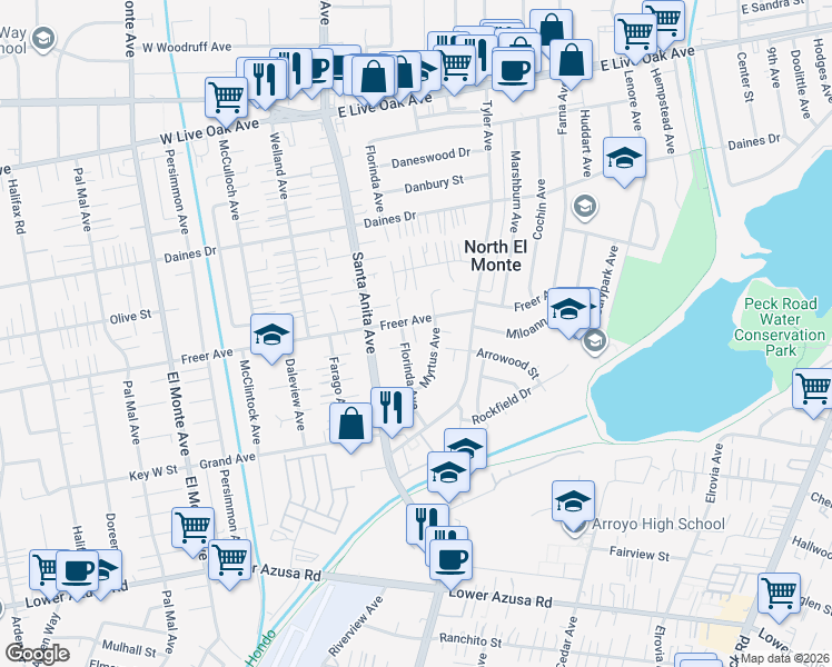 map of restaurants, bars, coffee shops, grocery stores, and more near 11114 Freer Avenue in Temple City