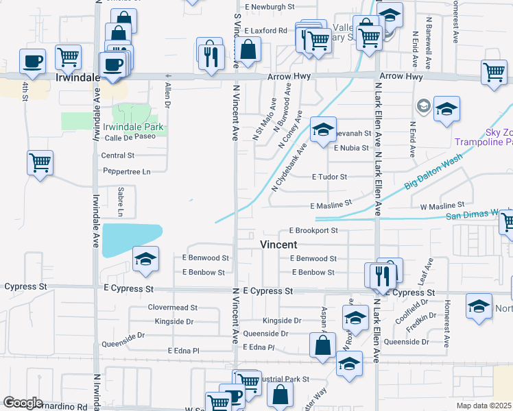 map of restaurants, bars, coffee shops, grocery stores, and more near 16501 East Masline Street in Covina