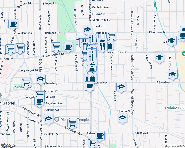 map of restaurants, bars, coffee shops, grocery stores, and more near in San Gabriel