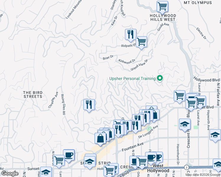 map of restaurants, bars, coffee shops, grocery stores, and more near 8575 Franklin Avenue in Los Angeles