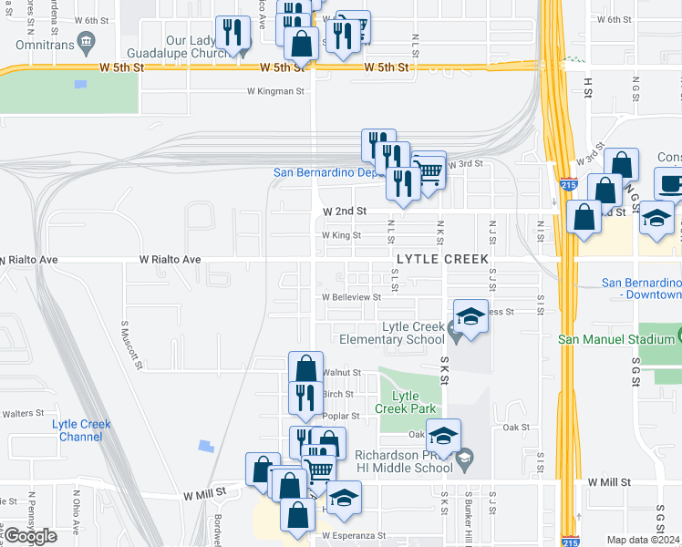 map of restaurants, bars, coffee shops, grocery stores, and more near 118 South Giovanola Avenue in San Bernardino