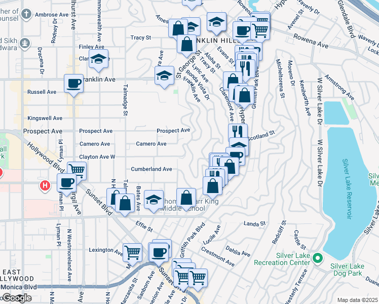 map of restaurants, bars, coffee shops, grocery stores, and more near 3928 Clayton Avenue West in Los Angeles