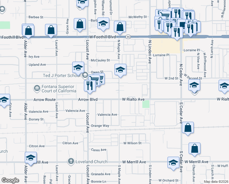 map of restaurants, bars, coffee shops, grocery stores, and more near 18276 Arrow Boulevard in Fontana
