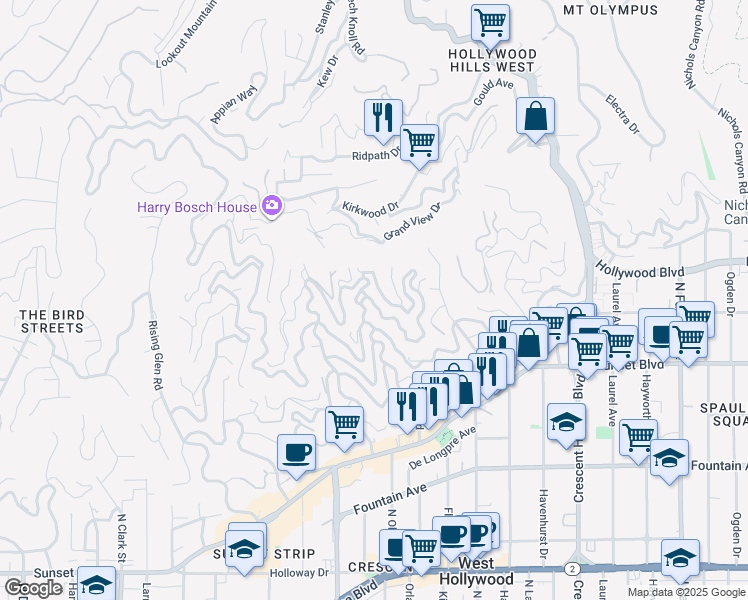 map of restaurants, bars, coffee shops, grocery stores, and more near 8469 Franklin Avenue in Los Angeles