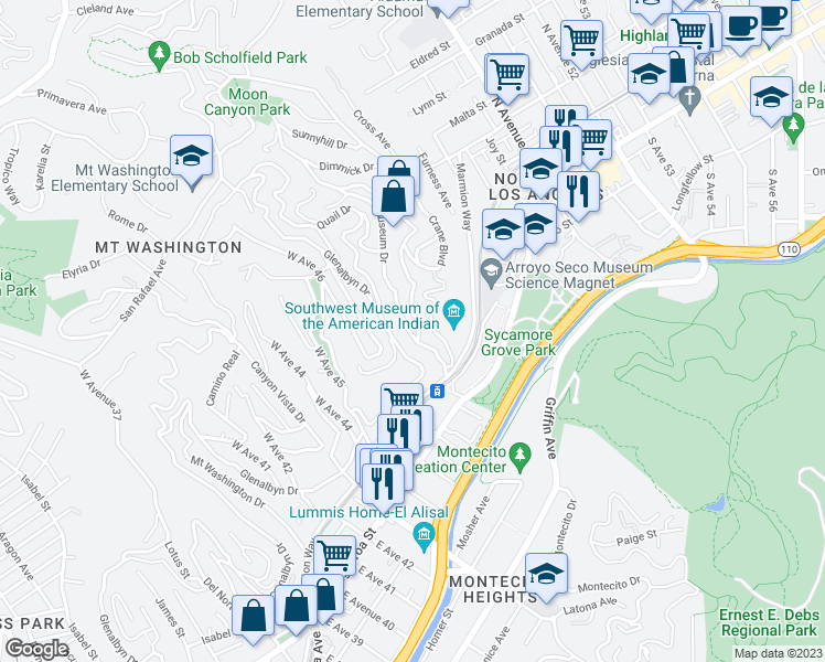 map of restaurants, bars, coffee shops, grocery stores, and more near 306 Museum Drive in Los Angeles
