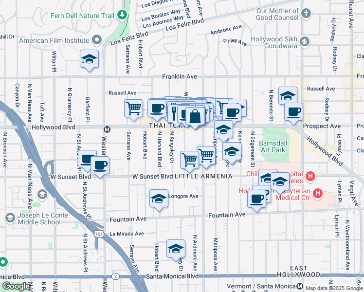 map of restaurants, bars, coffee shops, grocery stores, and more near 1611 Winona Boulevard in Los Angeles