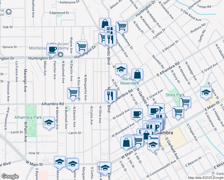 map of restaurants, bars, coffee shops, grocery stores, and more near 718 North Atlantic Boulevard in Alhambra