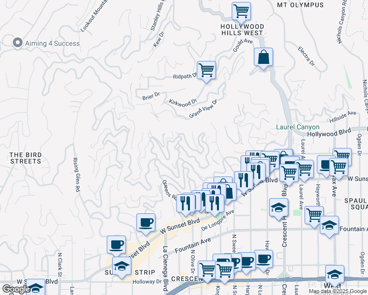 map of restaurants, bars, coffee shops, grocery stores, and more near 8469 Franklin Avenue in Los Angeles