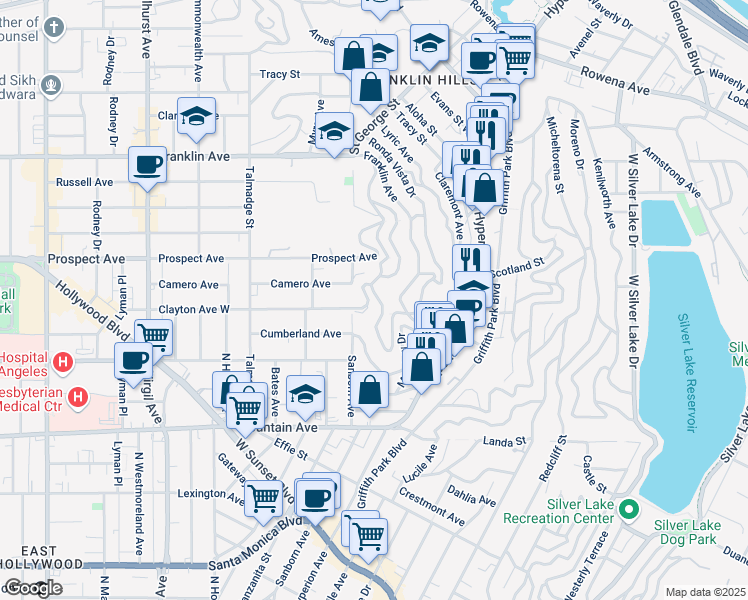map of restaurants, bars, coffee shops, grocery stores, and more near 3928 Clayton Avenue West in Los Angeles