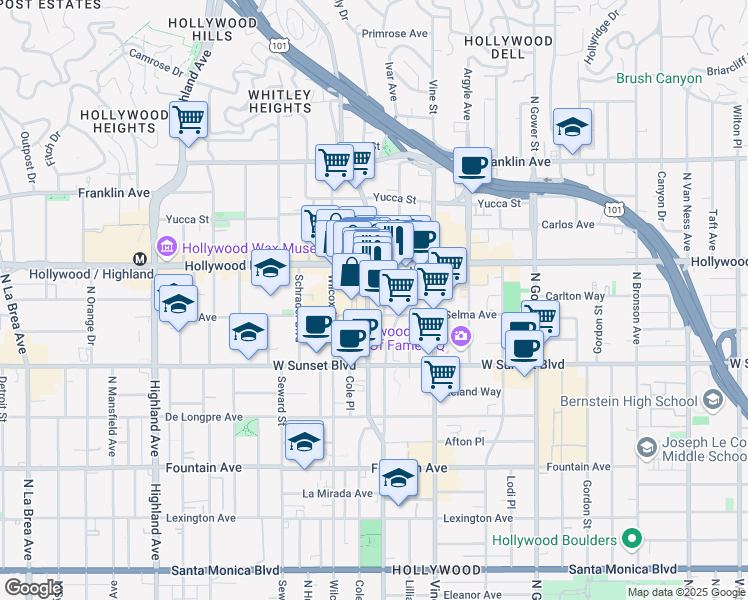 map of restaurants, bars, coffee shops, grocery stores, and more near in Los Angeles