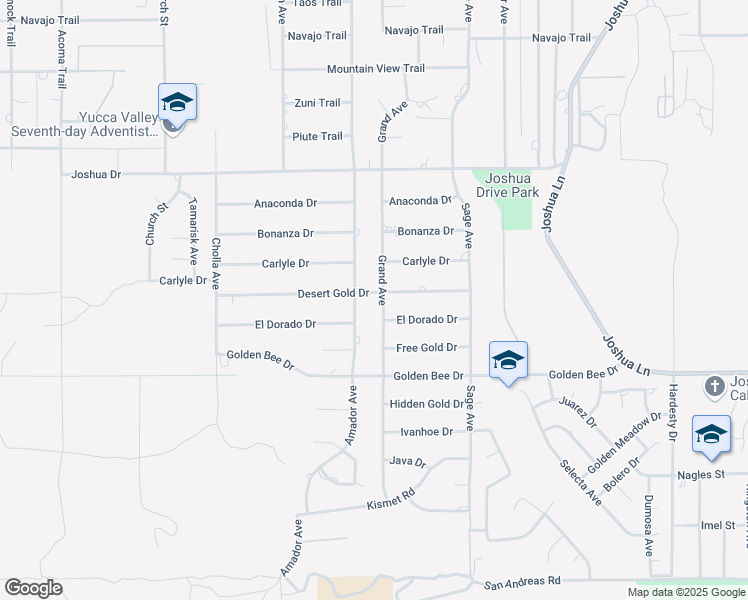 map of restaurants, bars, coffee shops, grocery stores, and more near 56707 Desert Gold Drive in Yucca Valley