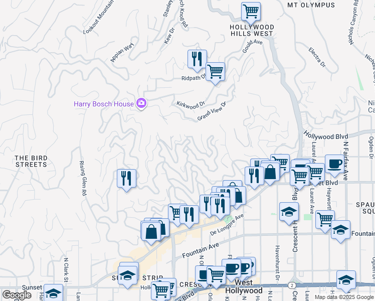 map of restaurants, bars, coffee shops, grocery stores, and more near 8448 Franklin Avenue in Los Angeles