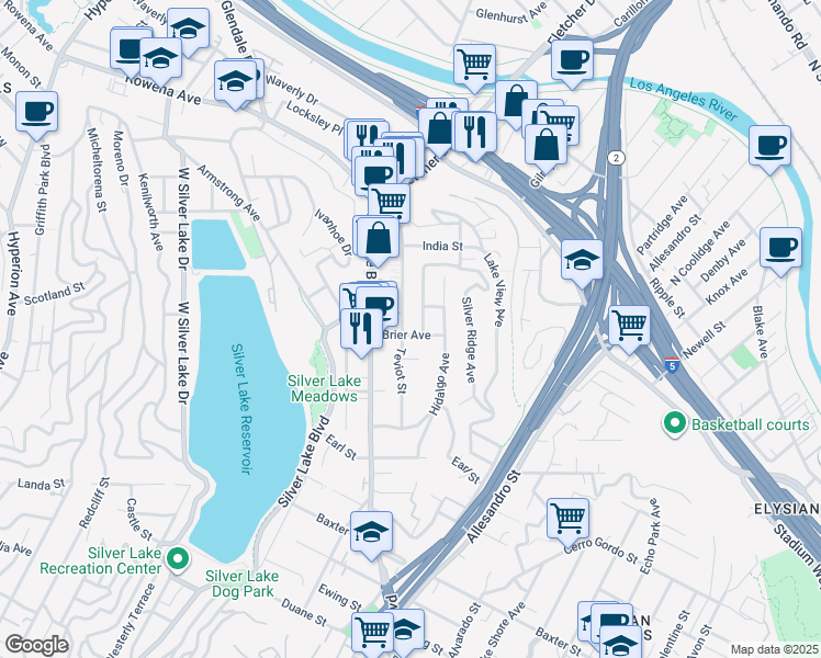 map of restaurants, bars, coffee shops, grocery stores, and more near 2239 Brier Avenue in Los Angeles