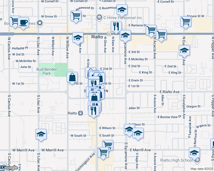 map of restaurants, bars, coffee shops, grocery stores, and more near 109 North Olive Avenue in Rialto