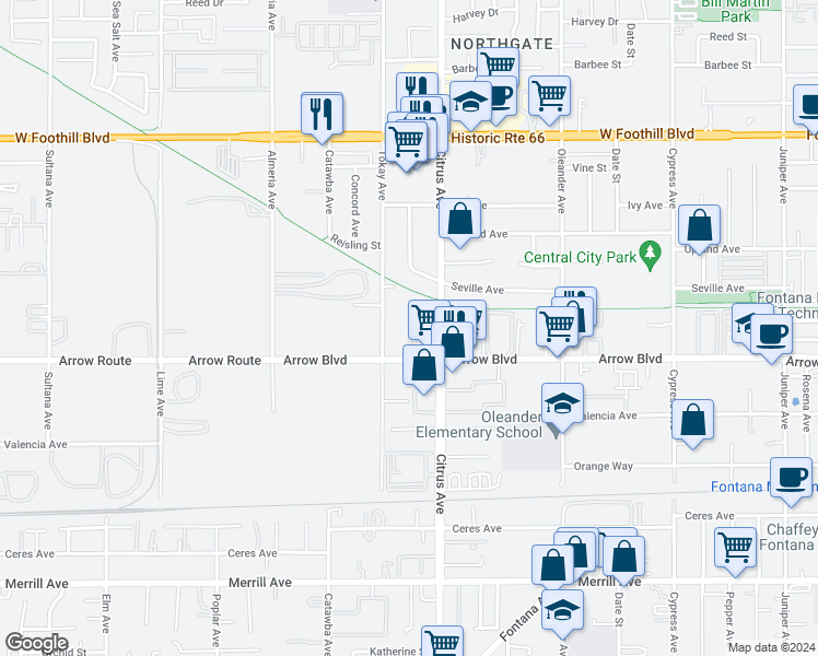 map of restaurants, bars, coffee shops, grocery stores, and more near 16040 Arrow Boulevard in Fontana