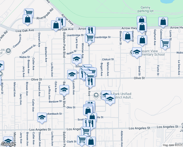 map of restaurants, bars, coffee shops, grocery stores, and more near 4852 Maine Avenue in Baldwin Park