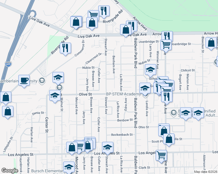 map of restaurants, bars, coffee shops, grocery stores, and more near 4850 Stewart Avenue in Baldwin Park