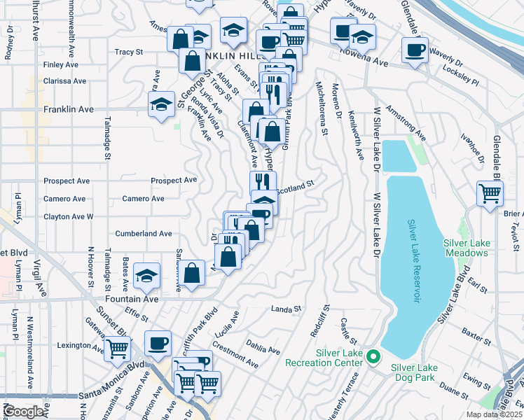 map of restaurants, bars, coffee shops, grocery stores, and more near 1903 1/2 Hyperion Avenue in Los Angeles