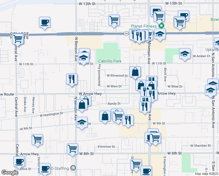 map of restaurants, bars, coffee shops, grocery stores, and more near 1424 West Winn Drive in Upland