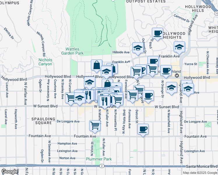 map of restaurants, bars, coffee shops, grocery stores, and more near 7300 Hollywood Boulevard in Los Angeles
