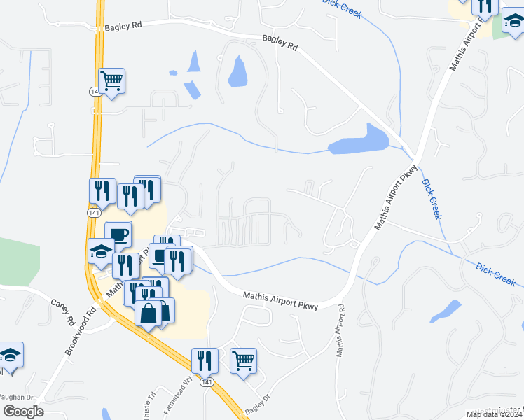 map of restaurants, bars, coffee shops, grocery stores, and more near 3415 Kissell Drive in Cumming