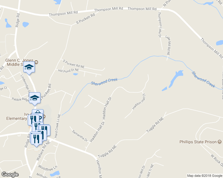 map of restaurants, bars, coffee shops, grocery stores, and more near 3420 Haddon Hall Drive in Buford