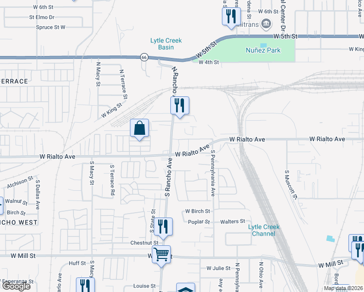 map of restaurants, bars, coffee shops, grocery stores, and more near 1966 West Rialto Avenue in San Bernardino