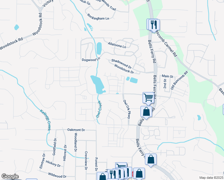 map of restaurants, bars, coffee shops, grocery stores, and more near 1201-1399 Hunter Road in Acworth