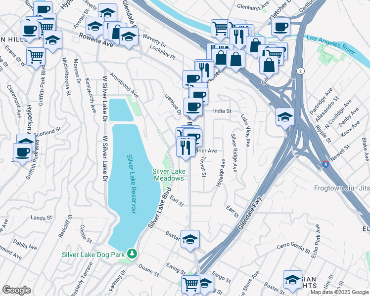 map of restaurants, bars, coffee shops, grocery stores, and more near 2411 Glendale Boulevard in Los Angeles