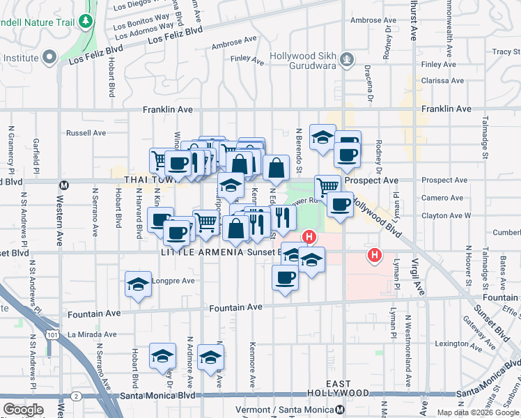 map of restaurants, bars, coffee shops, grocery stores, and more near 1643 1/2 North Kenmore Avenue in Los Angeles