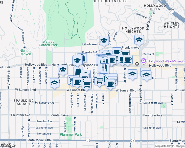 map of restaurants, bars, coffee shops, grocery stores, and more near 1611 North Formosa Avenue in Los Angeles