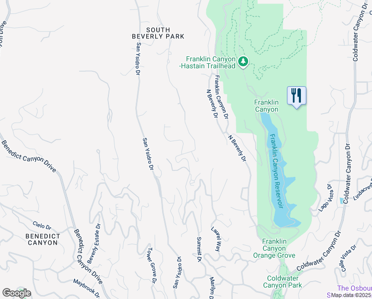 map of restaurants, bars, coffee shops, grocery stores, and more near 1625 Summitridge Drive in Beverly Hills