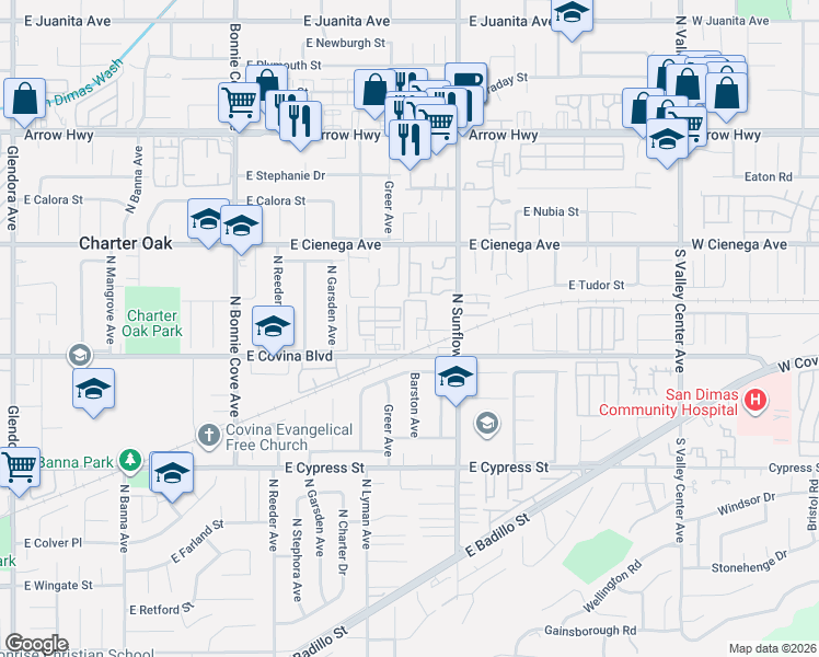 map of restaurants, bars, coffee shops, grocery stores, and more near 1145 North Barston Avenue in Covina