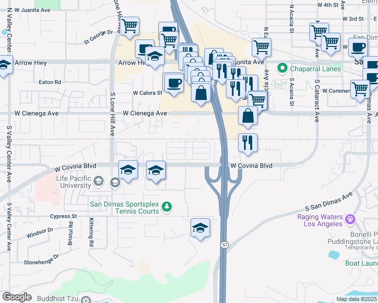 map of restaurants, bars, coffee shops, grocery stores, and more near 801 West Covina Boulevard in San Dimas