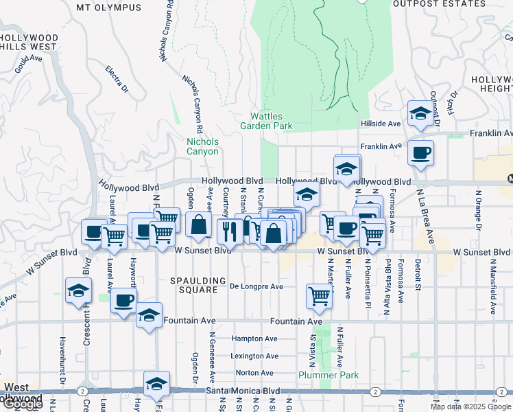 map of restaurants, bars, coffee shops, grocery stores, and more near 1638 North Stanley Avenue in Los Angeles