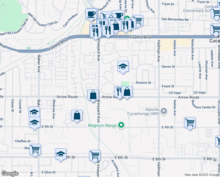 map of restaurants, bars, coffee shops, grocery stores, and more near 8950 Arrow Boulevard in Rancho Cucamonga