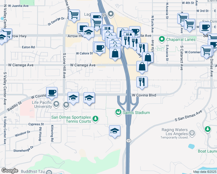 map of restaurants, bars, coffee shops, grocery stores, and more near 801 West Covina Boulevard in San Dimas